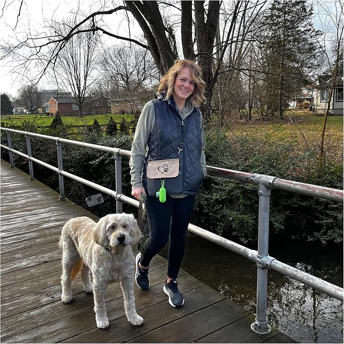 Waggin' Trails WoofPack Dog Walking Bag – Odor‑Controlled Poop Bag Holder with Storage for Treats, Phone & Keys – Navy/Tan