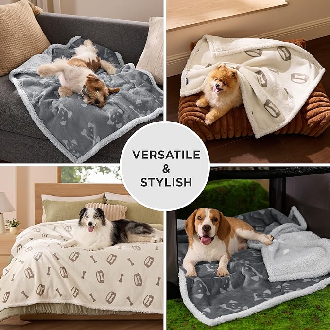 Bedsure Waterproof Dog Blankets for Small Dogs - Soft Print Sherpa Fleece Puppy Cat Blanket Washable, Cozy Plush Reversible Throw Furniture Protector for Pet Kitten Doggy, 25"X35", Beige