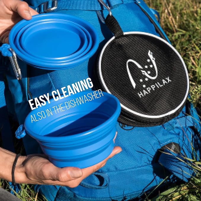 Happilax Travel Dog Bowl Set - 2 Foldable Silicone Food and Water Bowls with Carabiners and Bag - Collapsible Feeding Bowls for Wet and Dry Food - 680ml Capacity - Available in Black and Blue