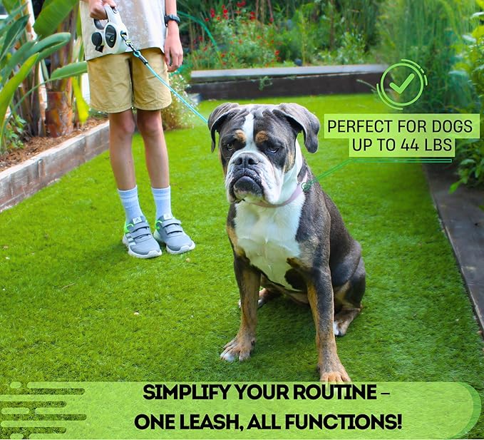 Snuggle Paws 16ft Retractable Dog Leash – All-in-One with LED Flashlight, Poop Bag Holder, Heavy Duty Chew-Proof Steel Cable & Reflective Tape – Compact, No-Tangle Leash for Small Dogs up to 44 lbs