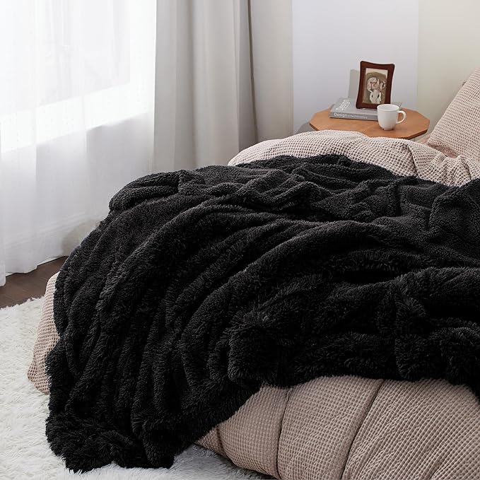 Bedsure GentleSoft Fuzzy Sherpa Faux Fur Twin Blanket Black Cozy Gifts for Women Men, Soft Fleece Plush Warm Minky Thick Blanket Twin Size for Bed, Couch, Dorm Essentials Black Decor Gifts, 60x80