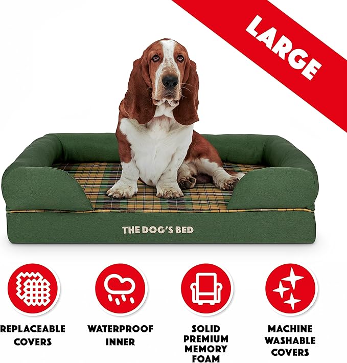 The Dog’s Bed Orthopedic Memory Foam Dog Bed with Bolsters, Oxford Fabric, Green Tartan, Large