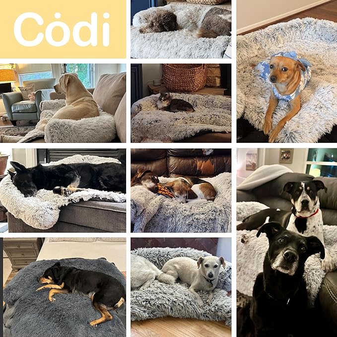 Codi Calming Dog Bed for Couch – Anti-Anxiety Sofa Protector Mat for Large Dogs, 41''x37''x6'', Machine Washable, Fluffy & Cozy with Non-Slip Bottom, Light Grey