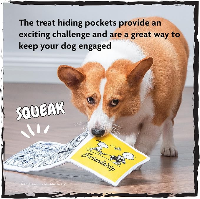 Peanuts for Pets Interactive Crinkle Friendship Comic Book Toy with Squeakers and Treat Pockets for Mental Stimulation, Snuffle Mat Dog Toy, 6x6” to 18”