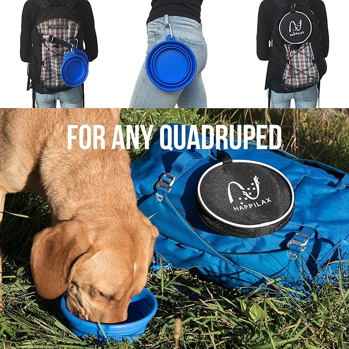 Happilax Travel Dog Bowl Set - 2 Foldable Silicone Food and Water Bowls with Carabiners and Bag - Collapsible Feeding Bowls for Wet and Dry Food - 680ml Capacity - Available in Black and Blue