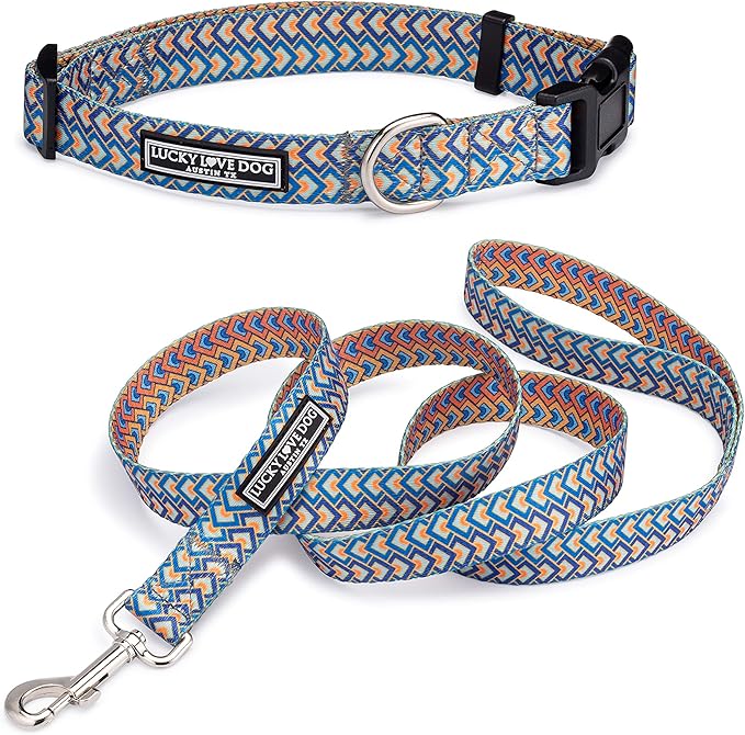 Lucky Love Dog, Bold Matching Dog Collar and Leash Set, Soft & Adjustable, Geometric Pattern Collar and Leash for Male Female Dogs - (Medium, Murphy Combo)