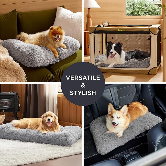 Bedsure Washable Large Dog Bed for Crate, Faux Fur Dog Crate Pad for Large Breed, Plush Soft Comfort Dogs Sleeping Mat, Anti-Slip Pet Kennel Pad, 35" x 23", Grey