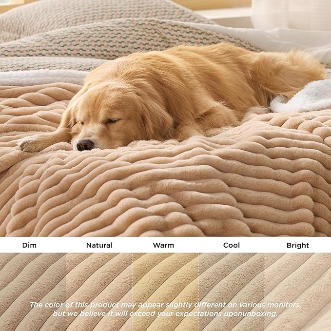 Bedsure ComfyFleece Waterproof Dog Blankets for Large Dogs - Soft Pet Cat Blanket Corduroy Fleece for Couch Protector Washable, Cozy Calming Reversible Furniture Protection,40"x50", Tuscan Beige