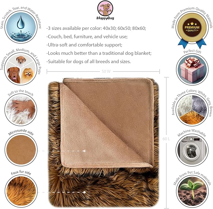 Waterproof Dog Blanket for Small, Medium & Large Dogs – Faux Fur Pet Throw for Couch, Sofa, Bed & Car – Soft, Washable, Stain-Resistant, Durable Cover - Brown 60" x 50"