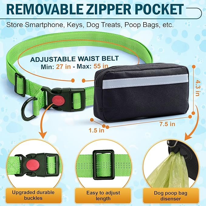 Hands Free Dog Leash for 2 Dogs – Waist Leash for Dog Walking with Dual Bungee, Reflective No Pull Design, Adjustable Belt & Pouch for Running, Hiking, Jogging