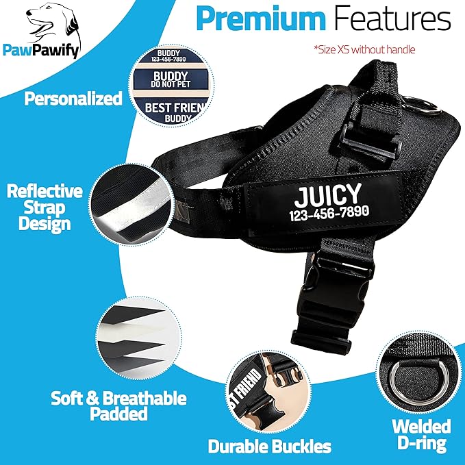 PawPawify Personalized No Pull Dog Harness with 2 Custom Name & Phone Patches, Reflective Breathable Pet Vest for Walking Training, Adjustable Heavy Duty Service Dog Vest for Small Medium Large Dogs