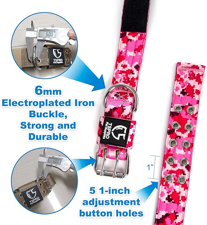 TSPRO Tactical Dog Collar, Adjustable, with Patch & Double Needle Metal Buckle, Heavy Duty for Large to Extra Large Dogs, Durable for Walking, Running, Hiking & Training (Camo Blue L-XL)