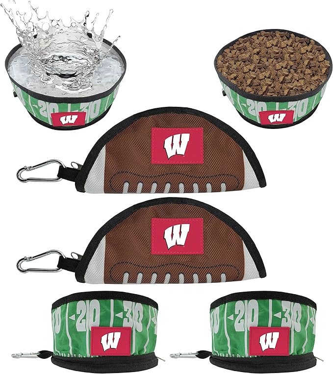 Pets First NCAA Wisconsin Badgers Collapsible Dog Travel Bowl Set, 2 Pack Food & Water Bowls for Dogs, Best Portable & Lightweight Leak-Proof Dog Bowls for Travel