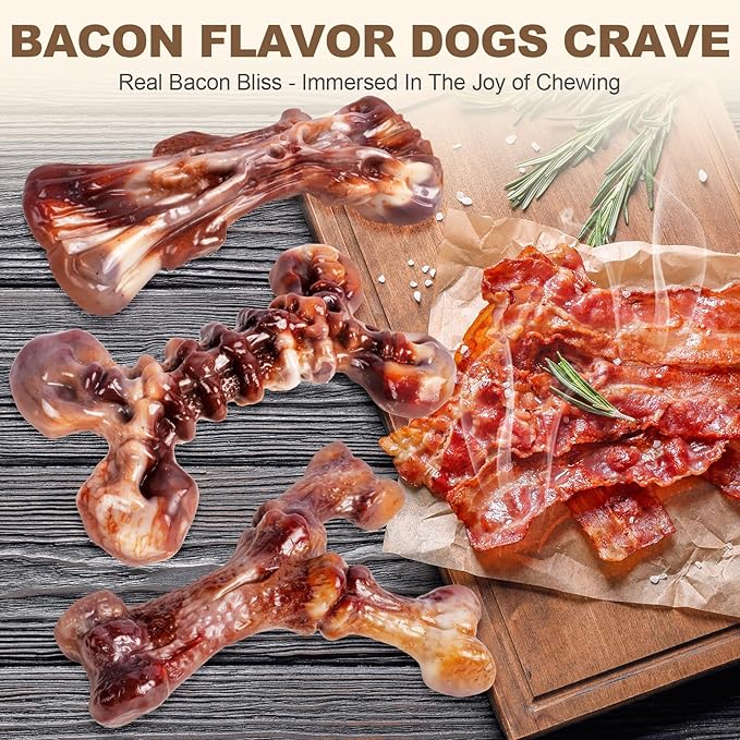 6-Pack Heavy Duty Nylon Dog Chew Toys for Medium Large Dogs, Bacon Flavor, Pure Nylon for Aggressive Chewers, Reduces Boredom, Varied Shapes, Designed for 25-90 lbs Breed Sizes
