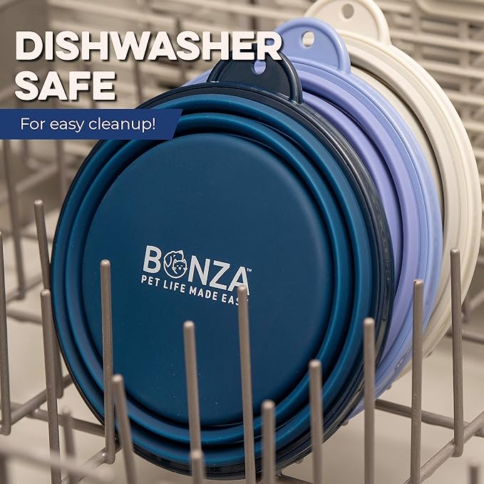 Bonza Collapsible Dog Bowls - Medium 25 oz, Dog Travel Accessories, Silicone Portable Dogs Bowl & Water Dish with Reinforced Rim & Carabiner for Hiking, Camping, and Car Trips, Periwinkle