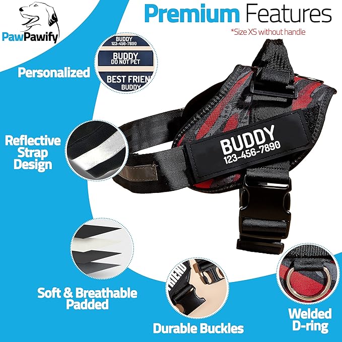 PawPawify Personalized No Pull Dog Harness with 2 Custom Name & Phone Patches, Reflective Breathable Pet Vest for Walking Training, Adjustable Heavy Duty Service Dog Vest for Small Medium Large Dogs
