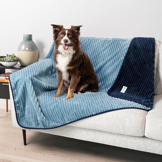 PetAmi Waterproof Dog Blanket, Leakproof Pet Blanket for Small Medium Large Dogs, Reversible Furniture Bed Sofa Couch Cover Protector, Plush Striped Pet Throw for Indoor Cat, 60x80 in, Navy Blue