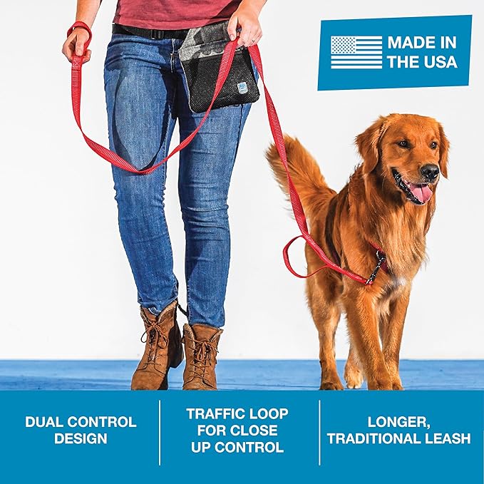 Blue-9 Reflective Dog Leash, Multi-Function 6 Foot Adjustable Lead with Traffic Loop and 3M Reflective Stitching for Obedience, Running, and Agility Training, Made in The USA, Medium/Large, Red