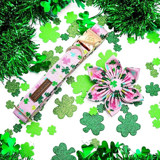 Elegant little tail St Patrick's Dog Collar with Flower Green Cute Colver Cotton Shamrock Pet Collar Trefoil Puppy Collar Flower Holiday Adjustable Cotton Pet Collar for Small Medium Large Dogs