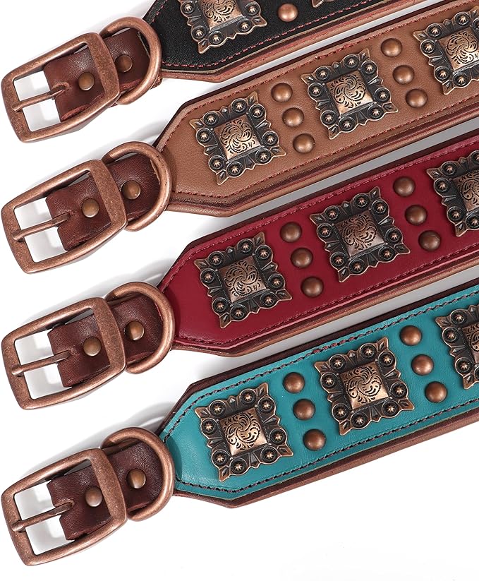 PET ARTIST Upgrade Padded Leather Dog Collar, 2 inch Wide Genuine Leather Dog Collars with Strong Studded Rivet & Metal Buckle, Adjustable Large Dog Collar for Pit Bull Doberman,Green,Neck 19-22"