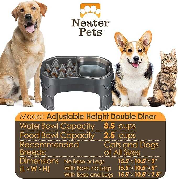Neater Pet Brands – Neater Raised Slow Feeder Dog Bowl – Elevated and Adjustable Food Height - (Double Diner/w Metal Bowl, Gunmetal)