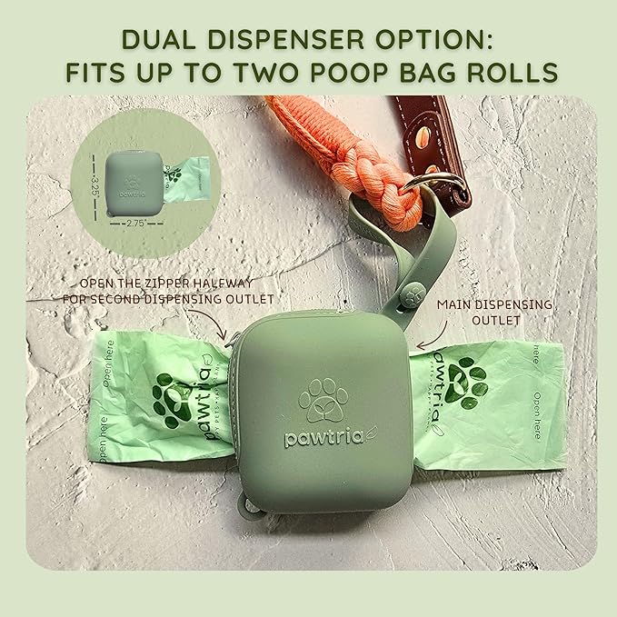 Eco Duo Set: Pawtria Dog Poop Bags (120) + Premium Silicone Poop Bag Holder for Leash, BPA-Free, Leak-Proof, Zero Plastic, Zero Waste, Supports Rescue Dogs (Dispenser + 120 Poo Bags)