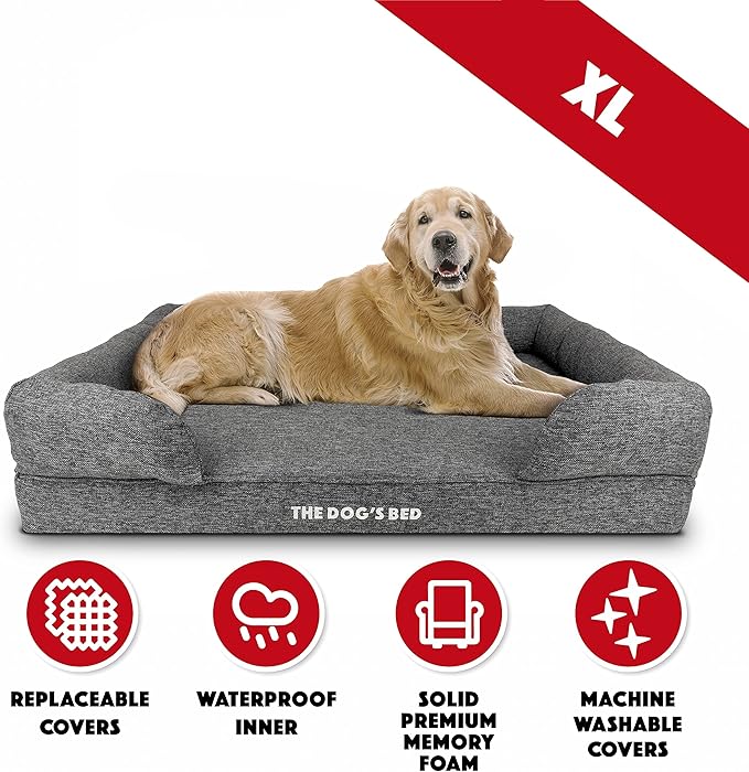 The Dog’s Bed Orthopedic Memory Foam Dog Bed with Bolsters, Largeinen Fabric, Grey Linen, XL