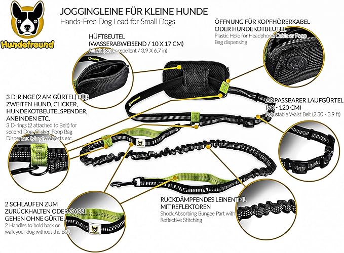 Hundefreund Hands-Free Leash for Small Dogs Under 30 lbs – Lightweight Waist Leash with Reflective Bungee, Pouch & Dual Handles – Ideal for Running, Walking & Hiking