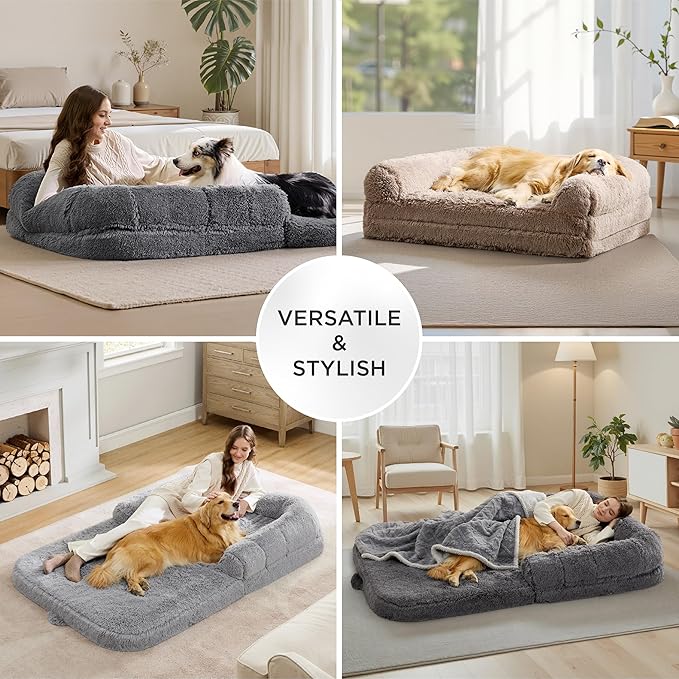 Bedsure Foldable Human Dog Bed - 2 in 1 Flexible Giant Human Dog Bed for Adult People with Supportive Bolster Egg Foam, Waterproof Liner, Calming Fluffy Faux Fur Orthopedic Big Bean Bed, Camel