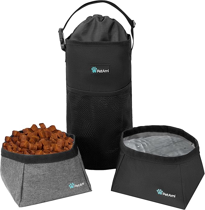PetAmi Travel Dog Food Bag with 2 Collapsible Bowls Waterproof Dog Kibble Storage & Foldable Food Water Bowls for Dogs & Cats, Hiking & Camping (Black, Grey)