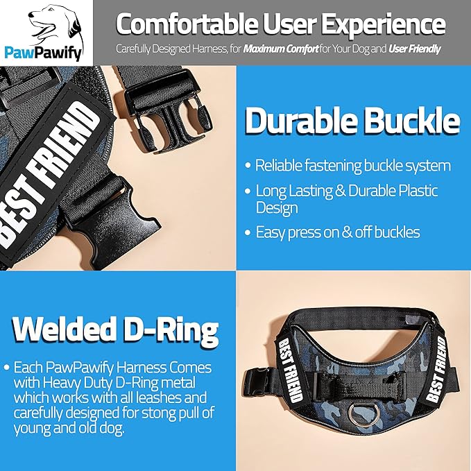 PawPawify Personalized No Pull Dog Harness with 2 Custom Name & Phone Patches, Reflective Breathable Pet Vest for Walking Training, Adjustable Heavy Duty Service Dog Vest for Small Medium Large Dogs