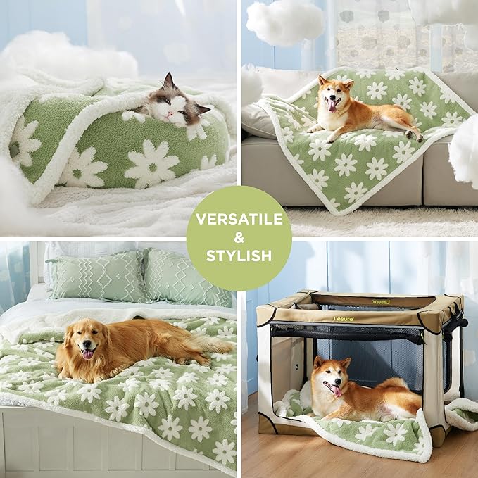 LE SURE Waterproof Puppy Blanket for Small Dogs - Washable Double Sided Dog Blankets with Warm Jacquard Shag and Soft Sherpa Fleece, Pet Cat Blanket for Couch Protection, 3D Textured Cloud, Green