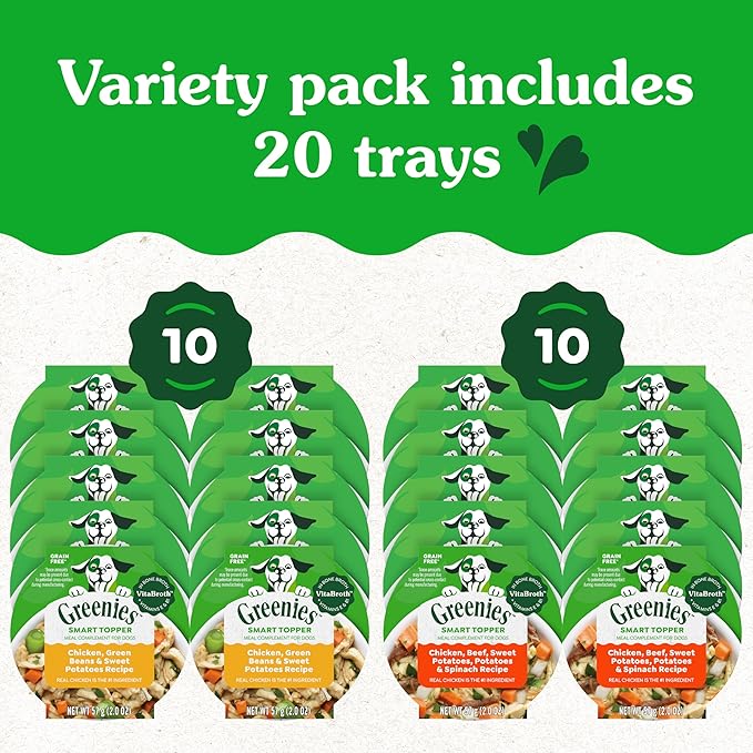 Greenies Smart Topper High Protein Wet Mix-in for Dogs, Chicken, Green Beans, and Sweet Potatoes Recipe & Chicken, Beef, Sweet Potato & Spinach Recipe Variety Pack, 20 Trays of 2 oz.