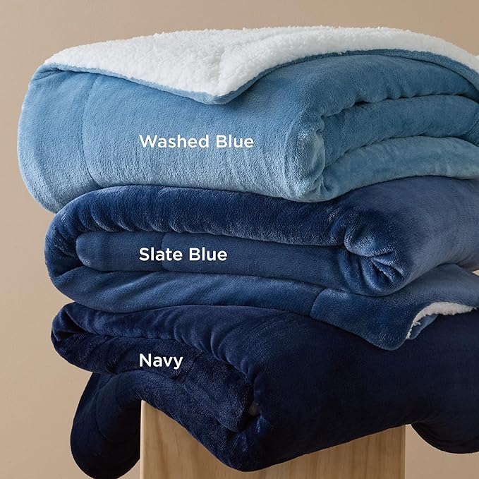 Bedsure GentleSoft Sherpa Fleece Blanket Queen Size for Bed, Non-Heated, Thick and Warm Throw for Women and Men, Soft Fuzzy Plush Queen Blanket for Winter, Washed Blue, 90x90 Inches