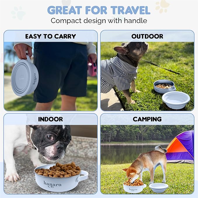 HANARA 2-in-1 Insulated Dog Bowl with Collapsible Lid & Handle – Stainless Steel, Non-Slip Rubber Base – Portable Pet Water & Food Bowl for Dogs & Cats – 30 OZ + 20 OZ – Indoor & Outdoor (Blue)