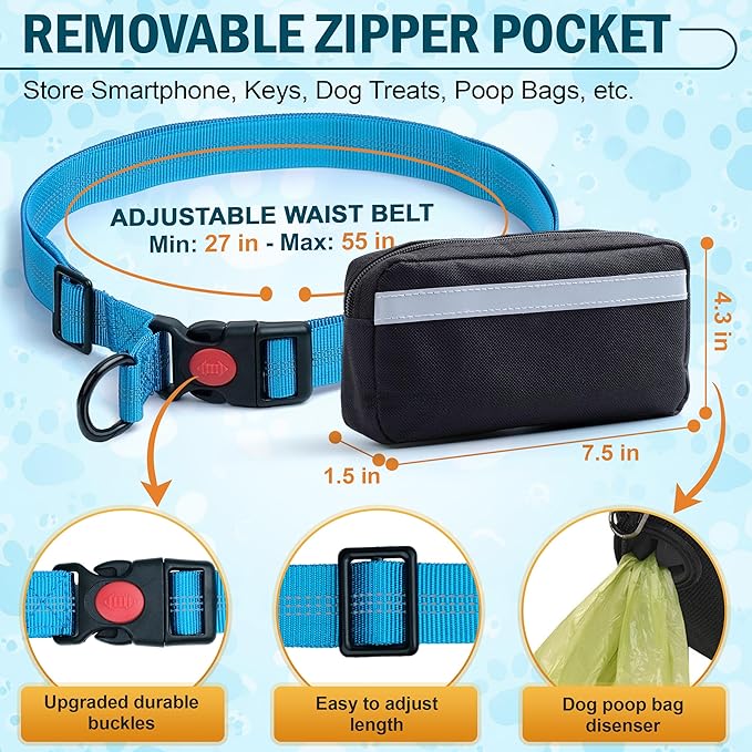Hands Free Dog Leash with Waist Belt – No-Pull Bungee, Dual Padded Handles & Zipper Pouch for Running, Walking & Training – Adjustable Waist Leash for Large & Medium Dogs