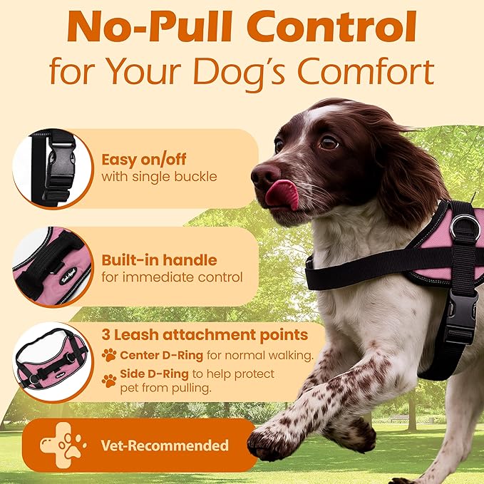 Bark Appeal Light Pink No-Pull Dog Harness for Small to Medium Sized Pets – Adjustable, Reflective Vest with 3 Leash Clips for Added Control, Easy Walks & Training – Medium