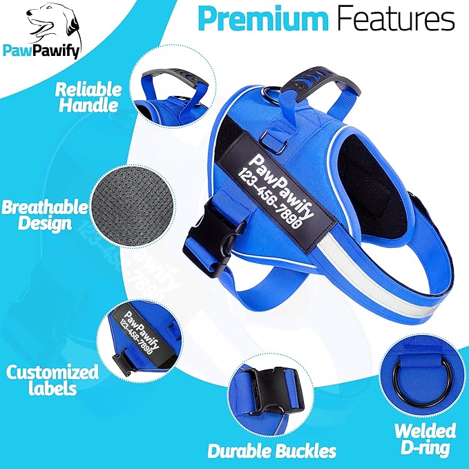 PawPawify Personalized No Pull Dog Harness with 2 Custom Name & Phone Patches, Reflective Breathable Pet Vest for Walking Training, Adjustable Heavy Duty Service Dog Vest for Small Medium Large Dogs