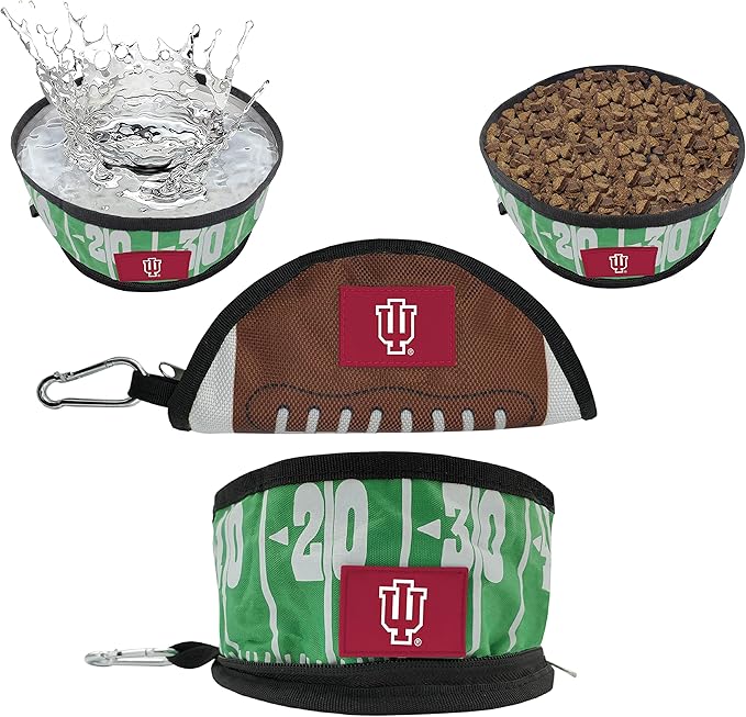 Pets First NCAA Indiana Hoosiers Collapsible Dog Travel Bowl, Food and Water Bowl for Dogs & Cats. Lightweight Leak-Proof Pet Bowl for Travel with Football Field & Pebble-Grain Design