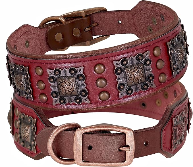 PET ARTIST Genuine Leather Dog Collar for Large Dogs, 2 inch Wide Dog Collar Leather with Rivet Studded & Metal Buckle, Soft Padded & Hand Made for Great Dane Rottweiler,Red,Neck 22-25"