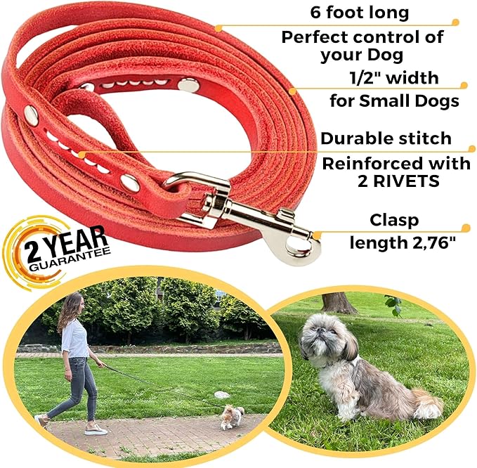 ADITYNA - Premium Leather Dog Leash - 6 ft, Heavy-Duty, Soft & Strong for Small/Medium Dogs (Small: 6 ft x 1/2", Red)