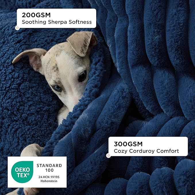 Bedsure ComfyFleece Waterproof Dog Blankets for Medium Dogs - Soft Puppy Cat Blanket Corduroy Fleece Washable, Cozy Calming Reversible Furniture Protection for Pet Kitten Doggy,30"x40", Navy Blue