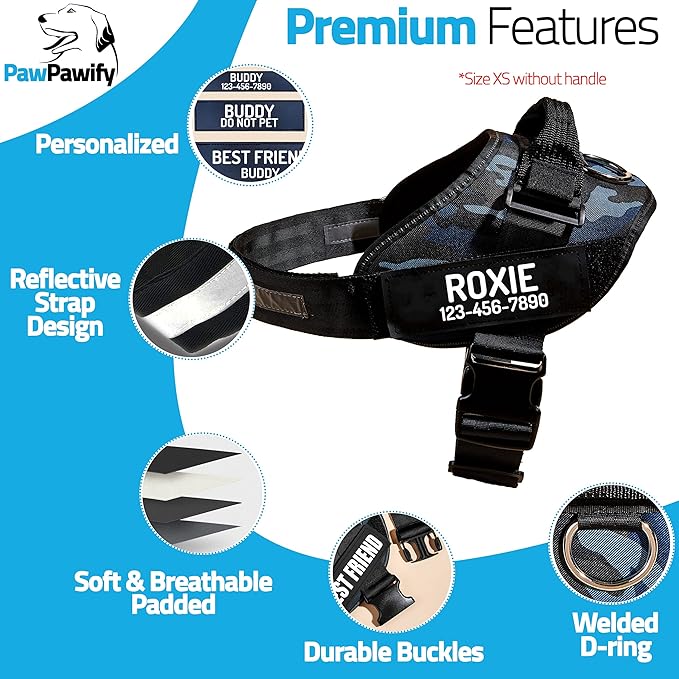 PawPawify Personalized No Pull Dog Harness with 2 Custom Name & Phone Patches, Reflective Breathable Pet Vest for Walking Training, Adjustable Heavy Duty Service Dog Vest for Small Medium Large Dogs