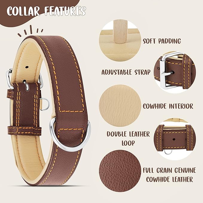 Riparo Brown Leather Dog Collar - Heavy Duty Wide Dog Collar for Small, Medium, Large and Extra Large Dogs with Dog Tag Holder (L: 1.5" Wide for 17"-21" Neck, Brown)
