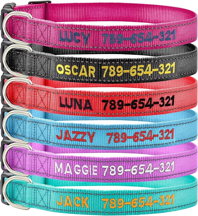 Personalized Reflective Dog Collar, Custom Embroidered with Name & Phone Number Adjustable Nylon ID Collar for Extra Small Small Medium Large Dogs