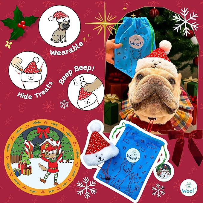Christmas Santa Hat Plush Dog Toy (L Size), Soft & Durable Squeaky with Treat Pocket, Wear & Play Design, Crinkle Paper Sound, Fun for Medium & Large Dogs
