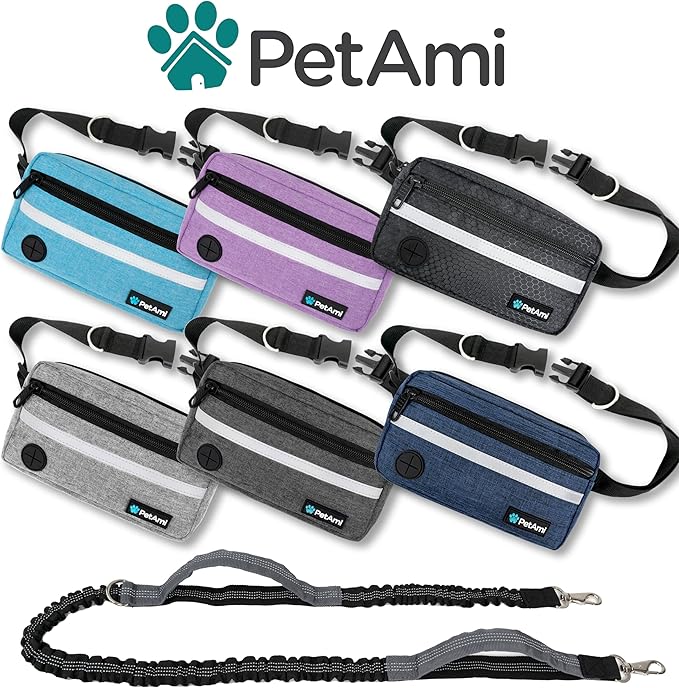 PetAmi Hands Free Dog Leash Belt for Walking Jogging, Waist Zipper Pouch Fanny Pack with Poop Bag Dispenser, Dual Padded Handle Bungee Leash for Small Medium Large Dogs