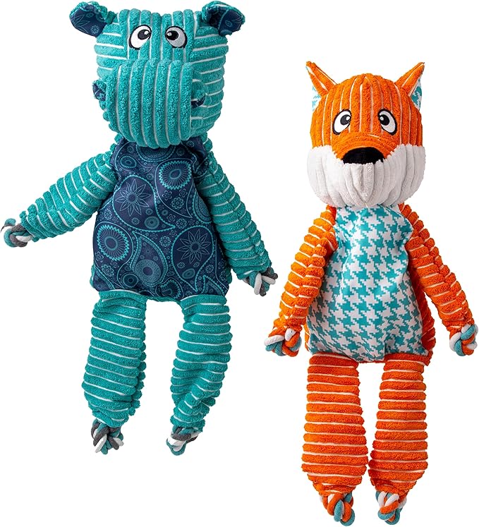 KONG XL 2 Pack - Soft Plush Dog Toy for Large Breeds - Durable, Cuddly & Squeaky - Perfect for Play & Comfort (Fox/Hippo)