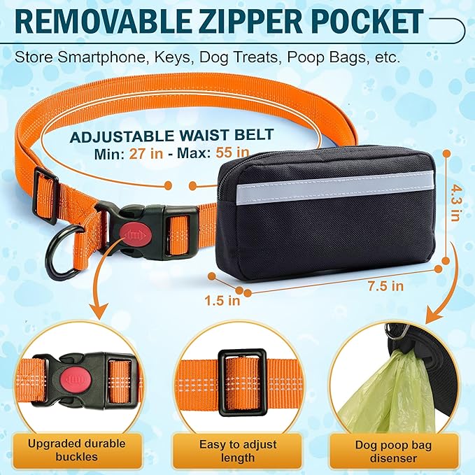 Hands Free Dog Leash with Waist Belt – No-Pull Bungee, Dual Padded Handles & Zipper Pouch for Running, Walking & Training – Adjustable Waist Leash for Large & Medium Dogs
