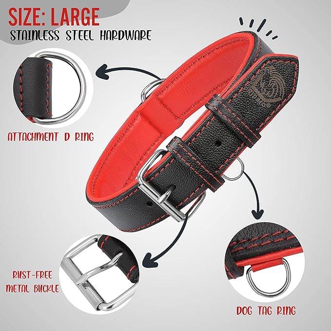 Riparo Adjustable Leather Dog Collar - Heavy Duty Wide Dog Collar for Small, Medium, Large and Extra Large Dogs with Dog Tag Holder (XL: 1.75" Wide for 21”-25” Neck, Black/Red Thread)